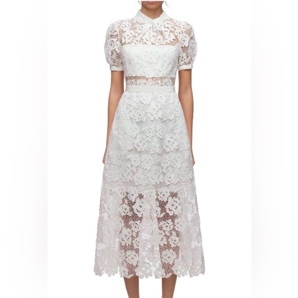 Self-Portrait White Abstract Guipure Floral Lace Midi Dress, Size US6